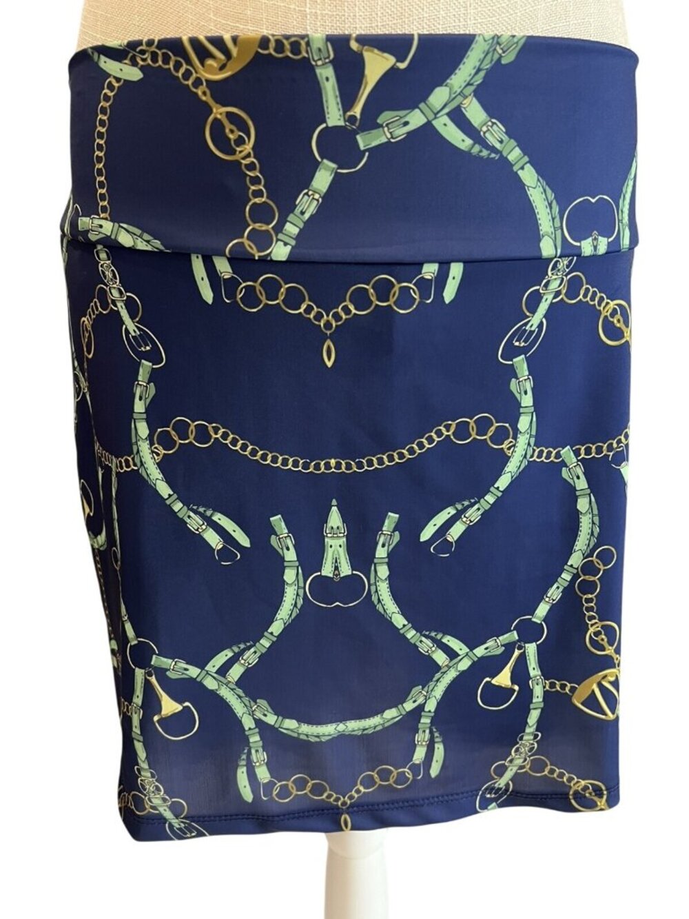 Tina + Jenna Chain Print Blue Stretchy Mini Skirt Gold & Green Accents Size L